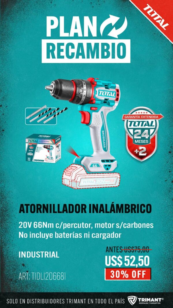 Taladro Atornillador Percutor Inalámbrico 20v  Motor Sin Carbones 66nm Cuerpo Solo TIDLI206681-Total