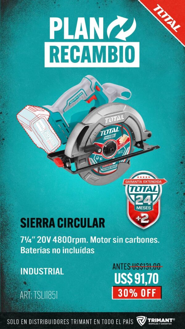 Sierra Circular Inalámbrica 7.1/4"  20v Sin Carbones Solo Cuerpo           TSLI1851-TOTAL