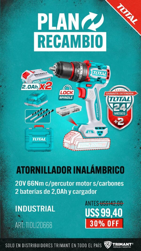 Taladro Percutor Y Atornillador Inalámbrico 20v Sin Carbones TIDLI20668-TOTAL