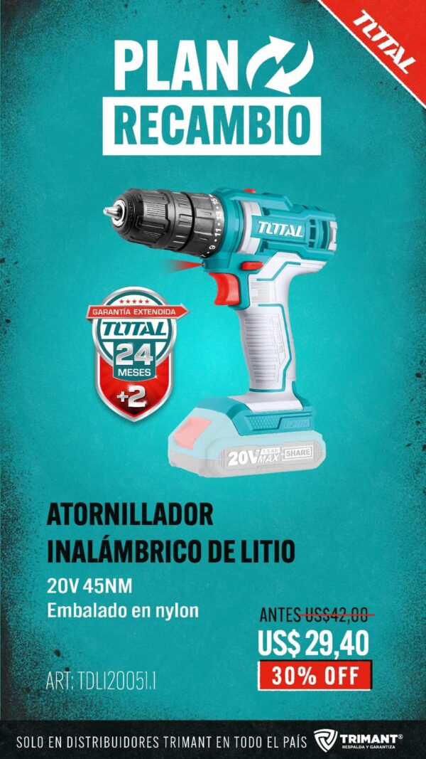 Taladro Atornillador Inalambrico 10mm Solo Cuerpo        TDLI200515-TOTAL