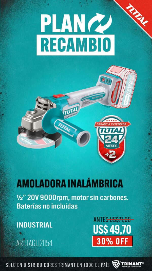 Amoladora Angular 4.1/2" A Batería 20v Sin Carbones CUERPO SOLO TAGLI21154-TOTAL