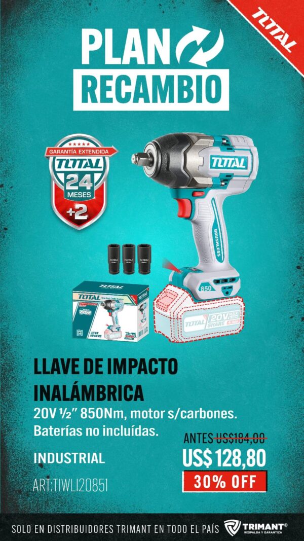 Llave De Impacto 1/2" 850Nm A Batería 20v TIWLI20851-TOTAL