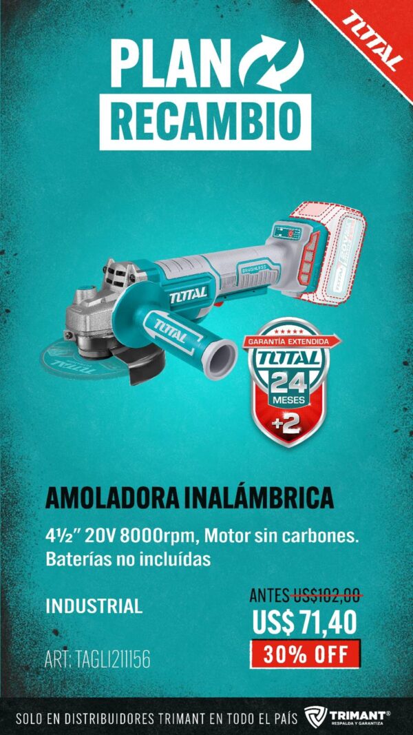 Amoladora Angular 4.1/2" Inalámbrica 20v Sin Carbones CUERPO SOLO TAGLI211156+TOTAL