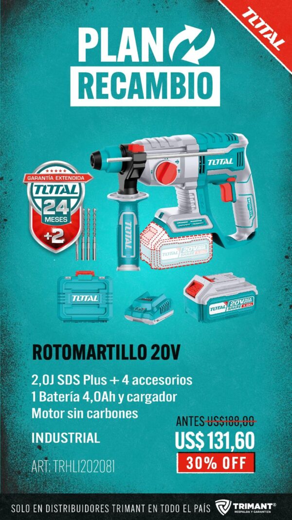 Rotomartillo SDS Plus 20v Batería 4.0Ah - Sin Carbones TRHLI202081-TOTAL