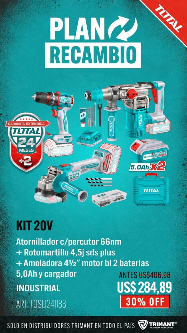 Kit Línea 20v Sin Carbones: Atornillador Con Percutor 66NM + Rotomartillo 4.5J + Amoladora 4.1/2" - 2 Baterías 5.0Ah TOSLI241183-TOTAL