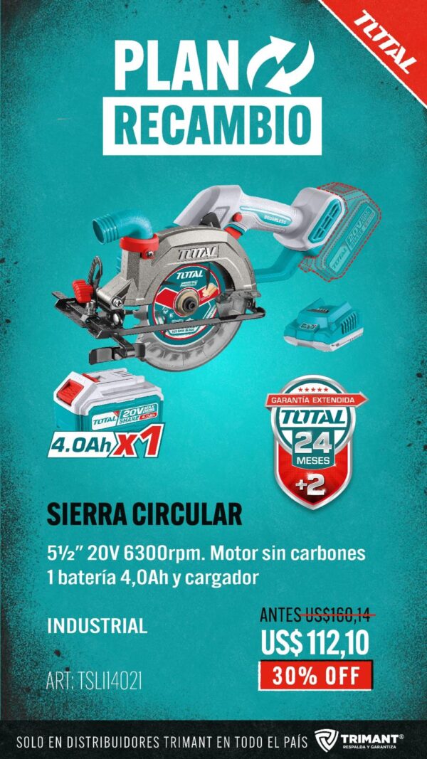 Sierra Circular 5.1/2" Inalámbrica 20v Sin Carbones 1 Batería 4.0Ah TSLI14021-TOTAL