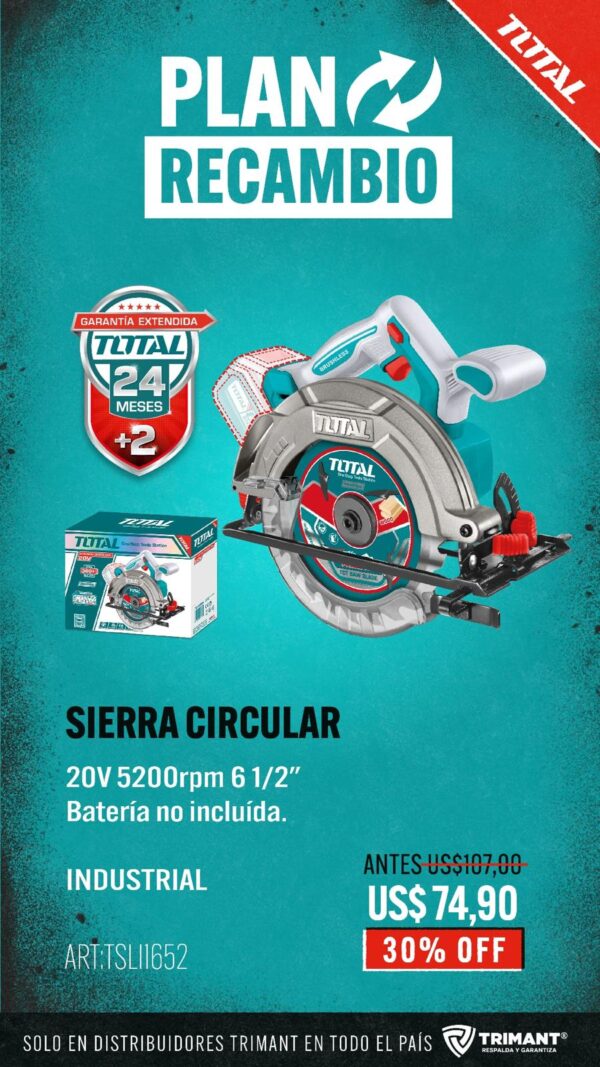 Sierra Circular 6.1/2" Inalámbrica 20v Sin Carbones CUERPO SOLO TSLI1652-TOTAL